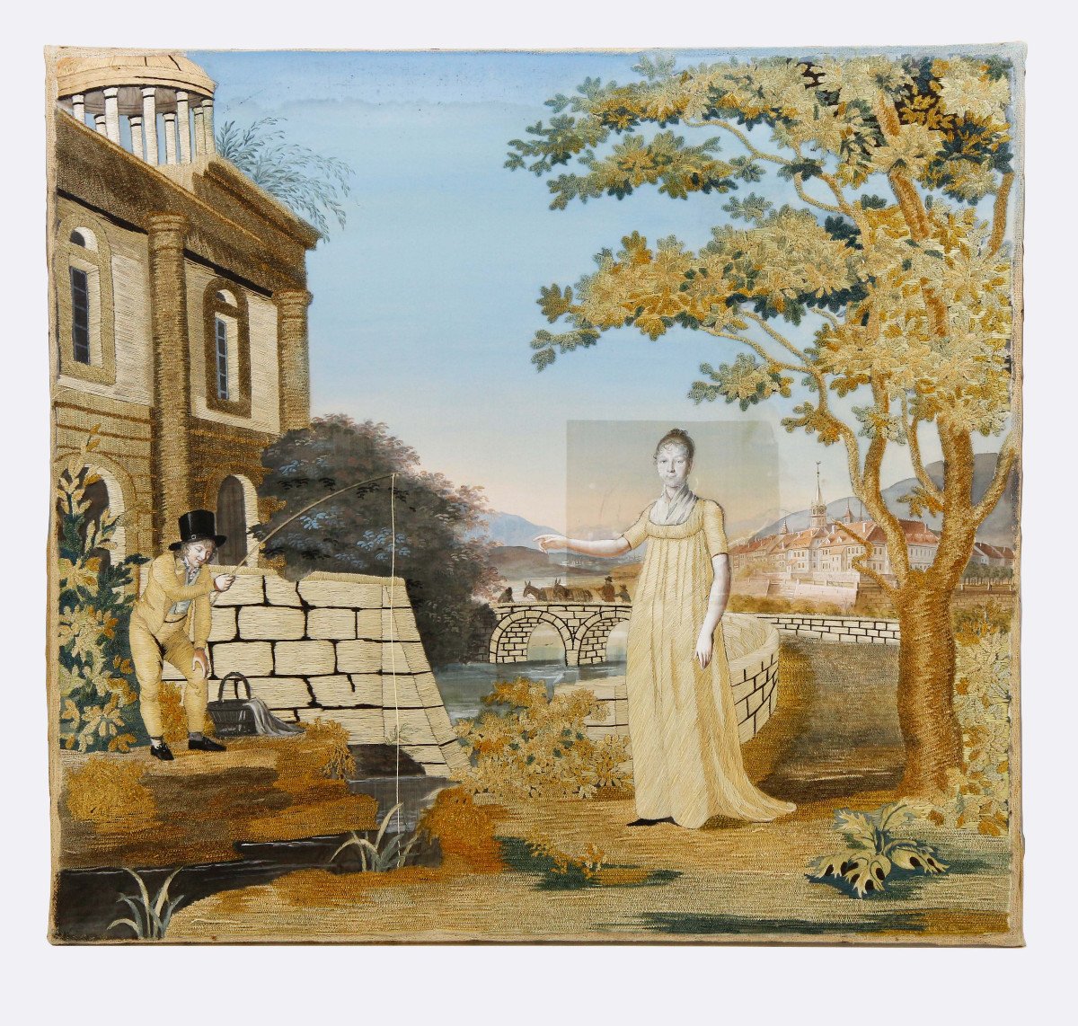 Peinture à l'aiguille, broderie sur soie peinte - Très belle composition - Suisse, vers 1800
