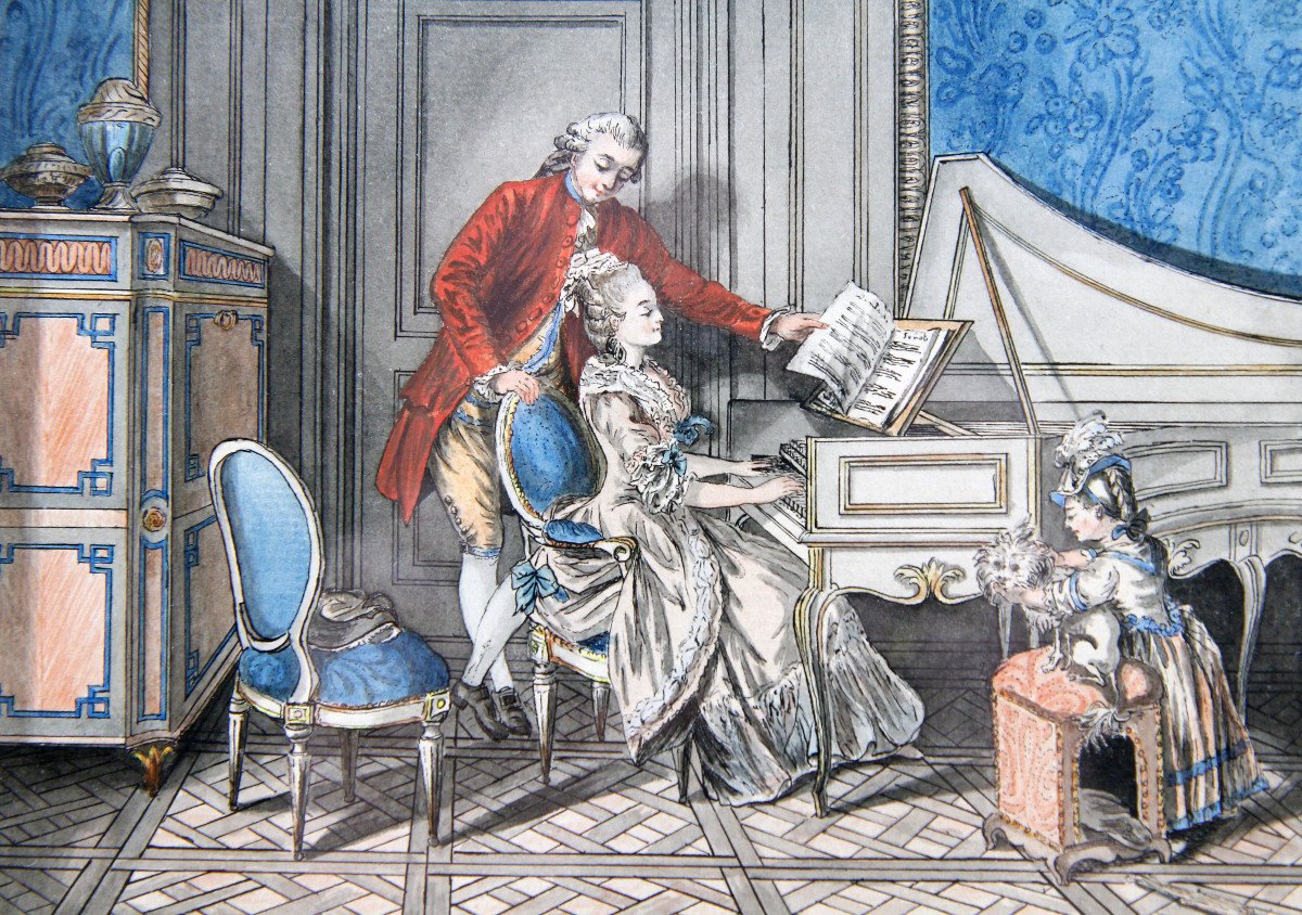 Sigmund Freudenberger (1745-1801) - La leçon de guitare & La leçon de clavecin - estampes rares-photo-4
