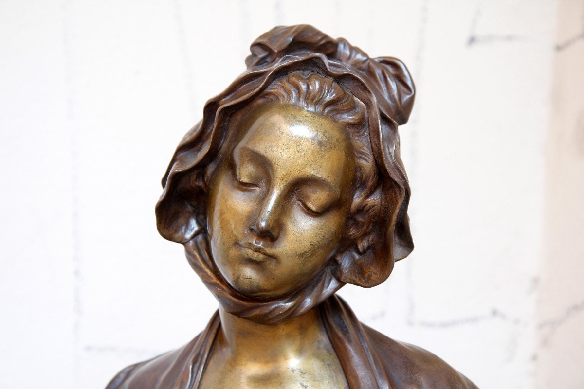 Fernand CIAN (1889-1954), jeune fille à la rose d'après Greuze - Grand bronze à double patine-photo-4