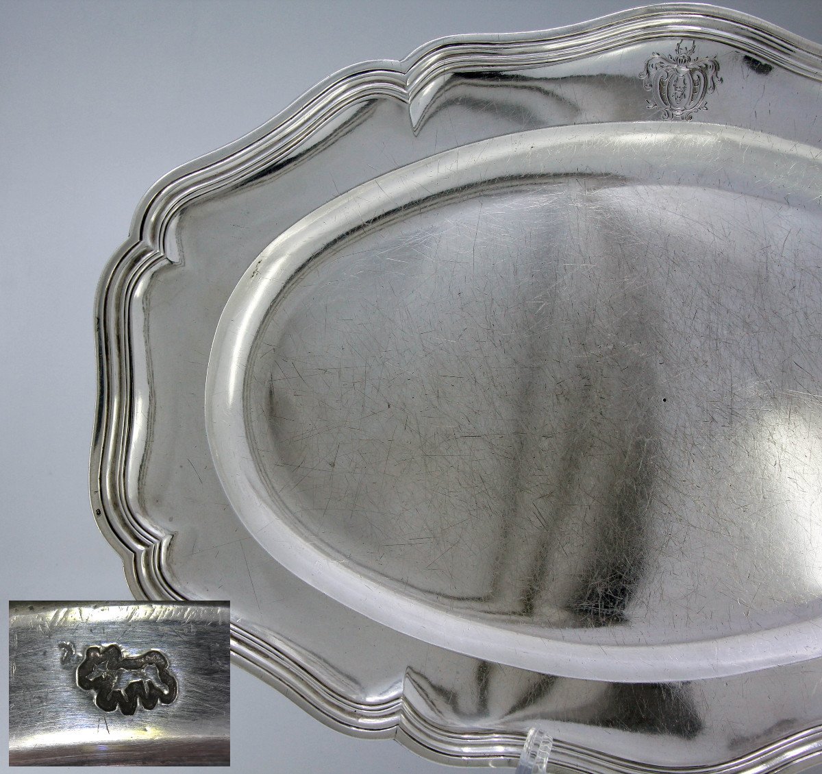 Very Large Oval Dish In Solid Silver By Eloi Guérin - Von Brackel Coat Of Arms - Paris, 1755-56-photo-4