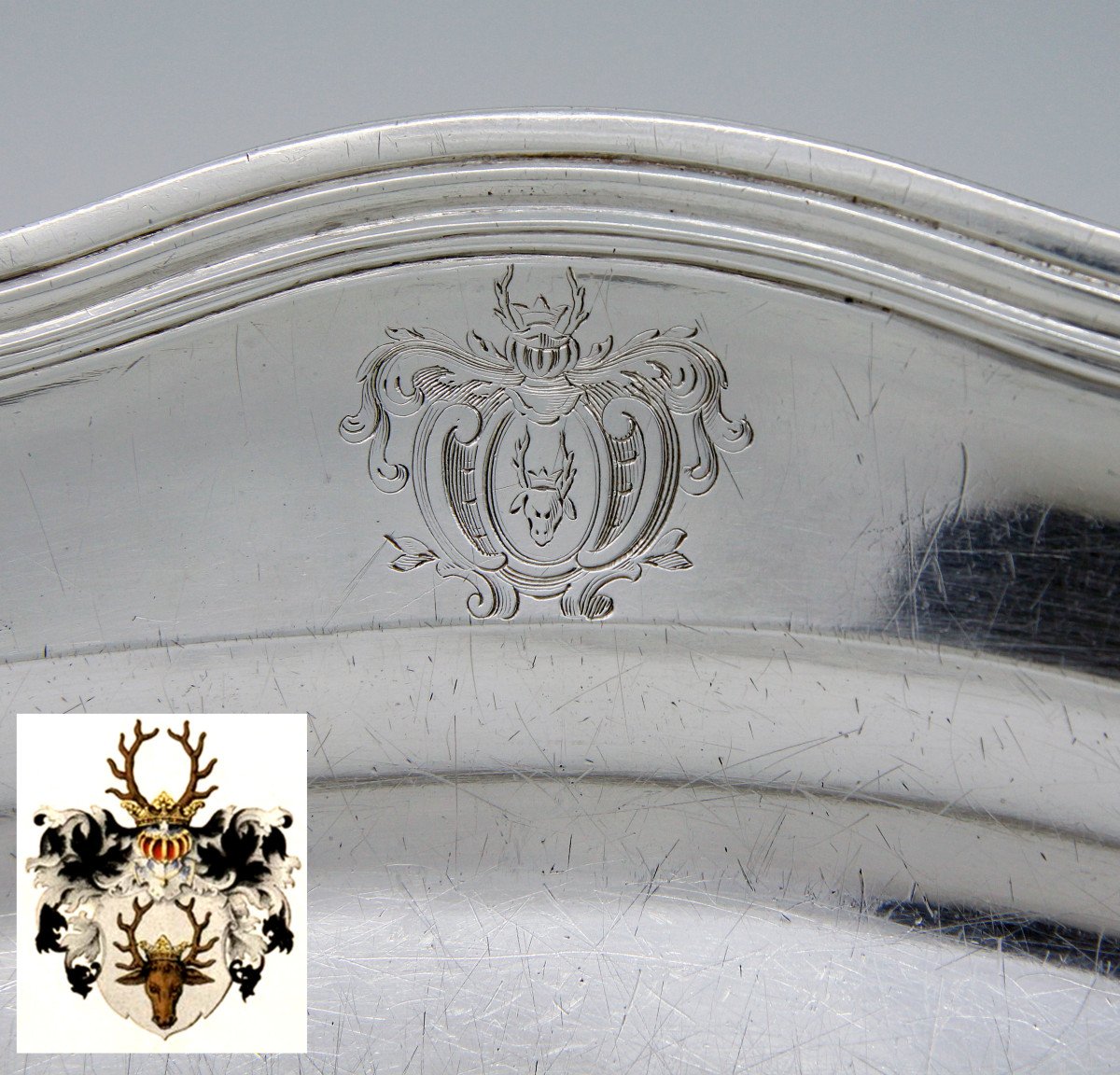 Very Large Oval Dish In Solid Silver By Eloi Guérin - Von Brackel Coat Of Arms - Paris, 1755-56-photo-6