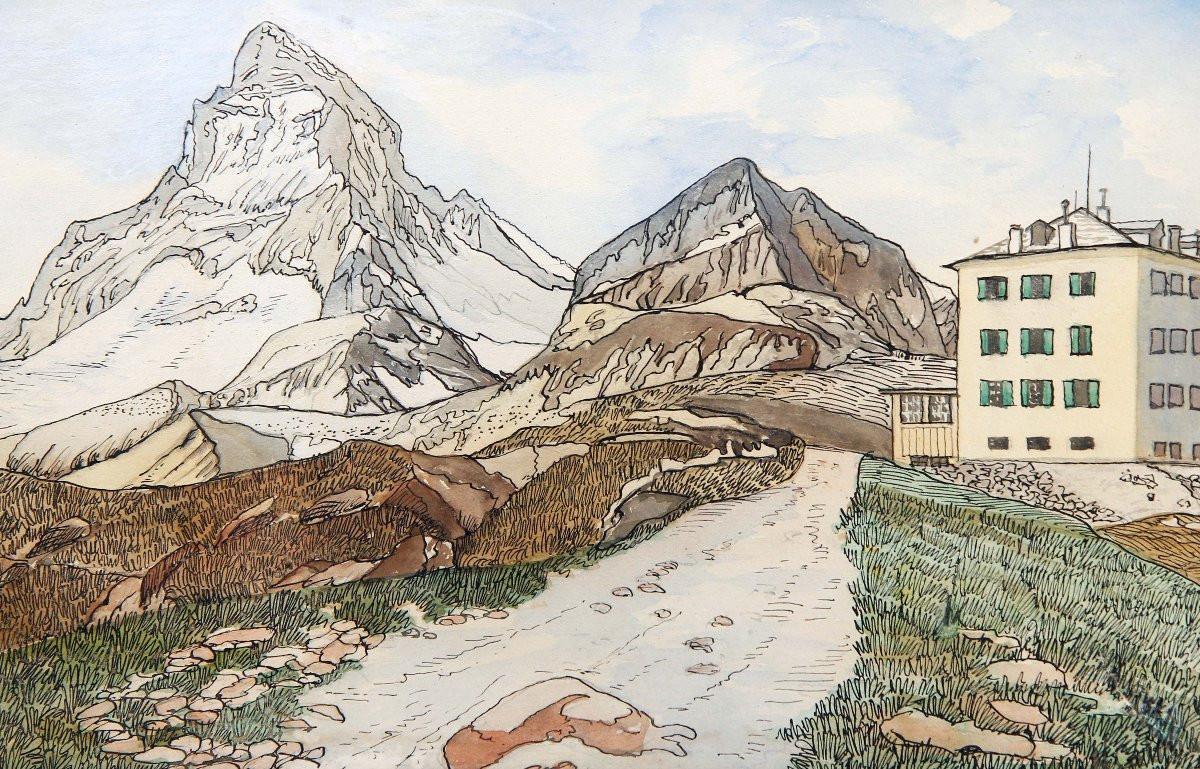 Hermann Cabrin (1845-1930) - Hôtel Du Lac Noir And The Matterhorn, Zermatt - Signed And Dated 1910-photo-1