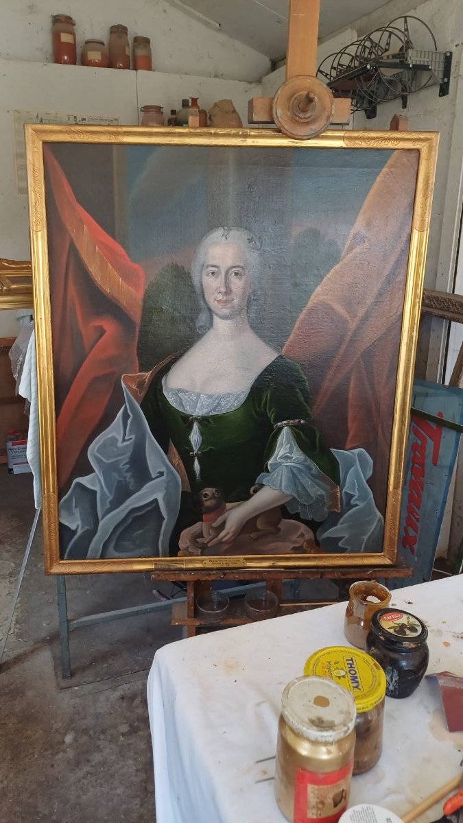 Portrait de Charlotte Nicaty et de son carlin - Huile sur toile par Steudlin, Suisse, 1751-photo-5