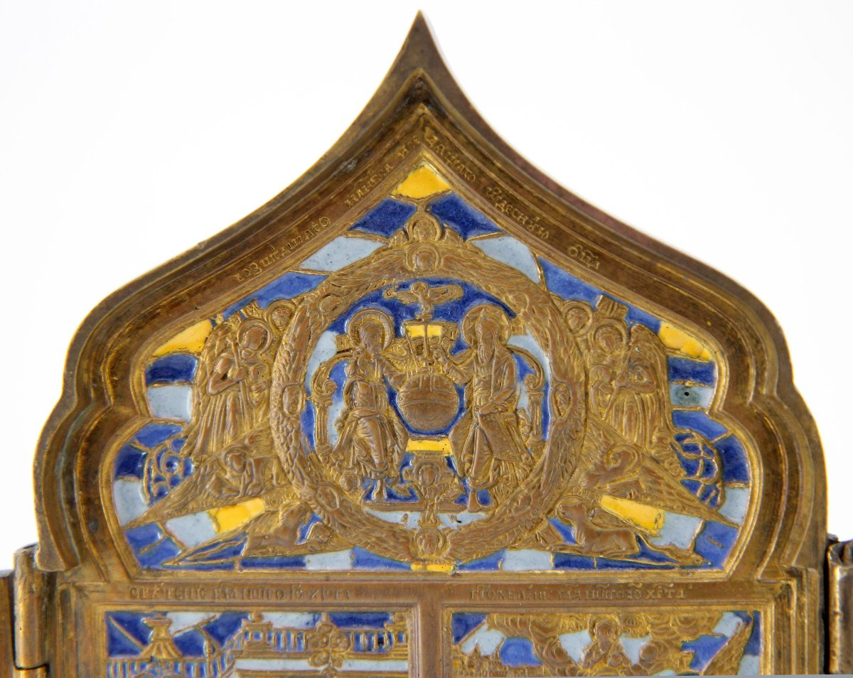 Icône - Tétraptyque de voyage formant boîtier, bronze décoré aux émaux, Russie XIXe-photo-8