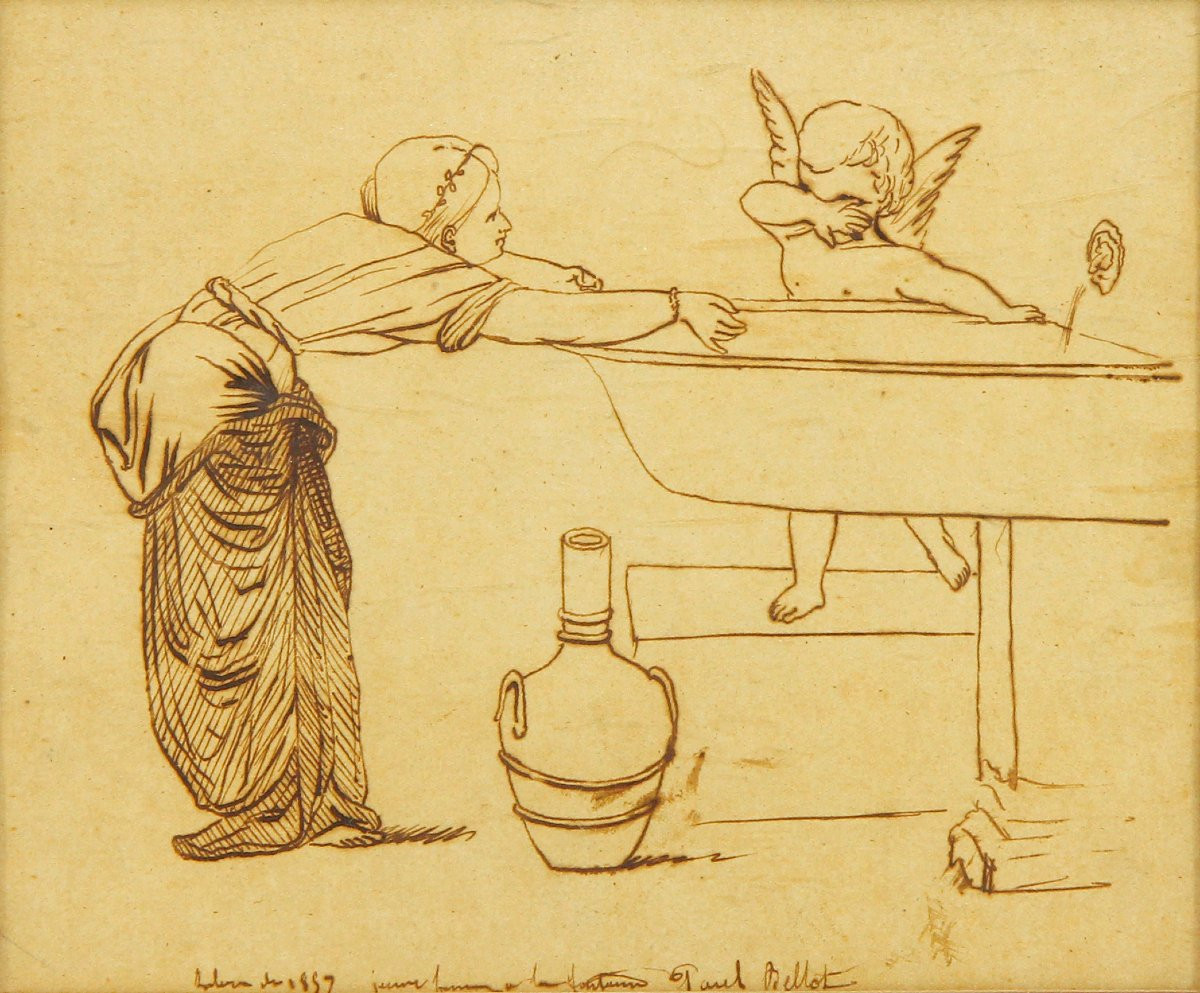 Paul Bellot, dessin à la plume - jeune femme à la fontaine, 1859-photo-2
