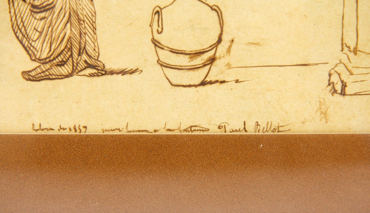 Paul Bellot, dessin à la plume - jeune femme à la fontaine, 1859-photo-3