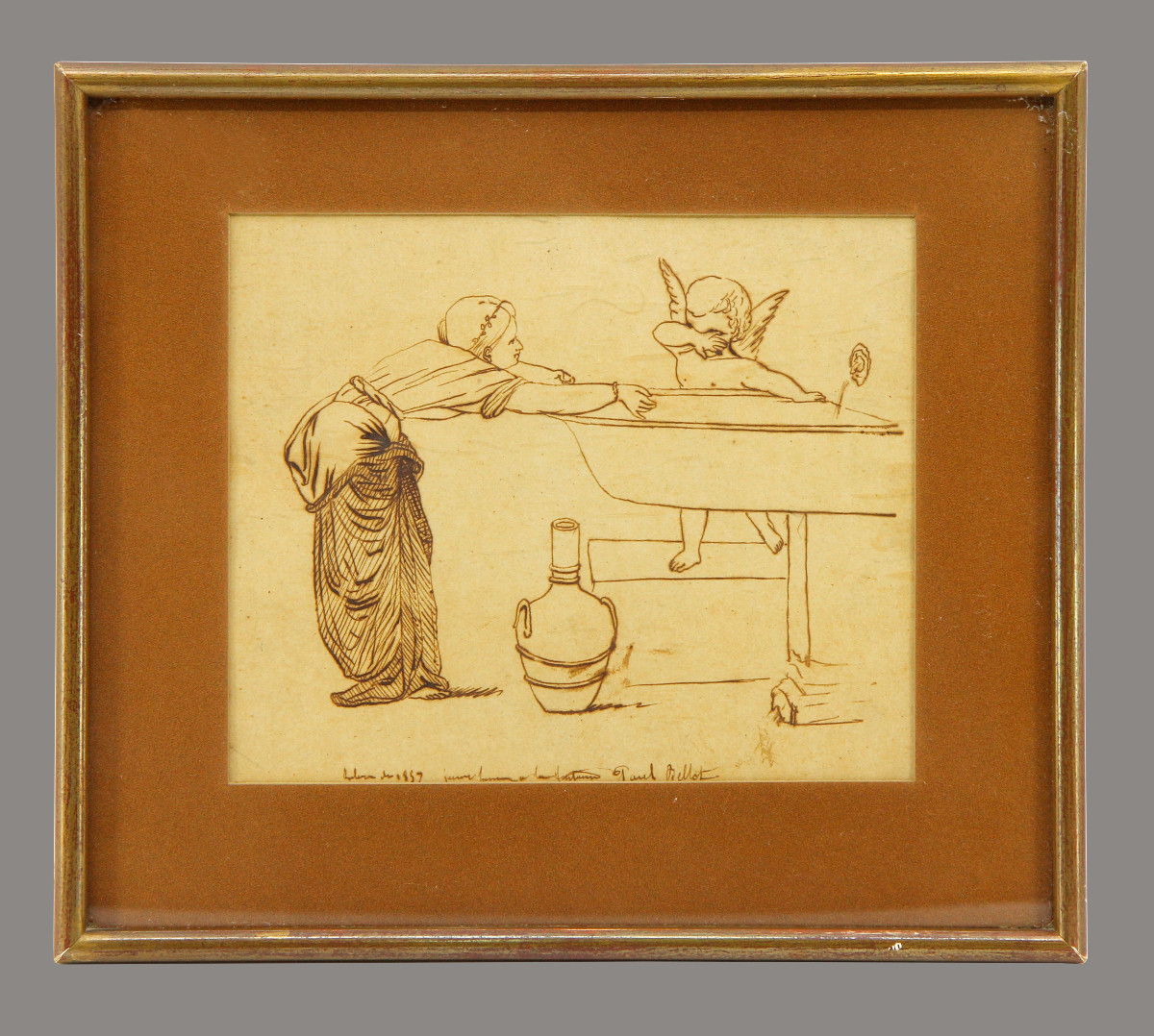 Paul Bellot, dessin à la plume - jeune femme à la fontaine, 1859