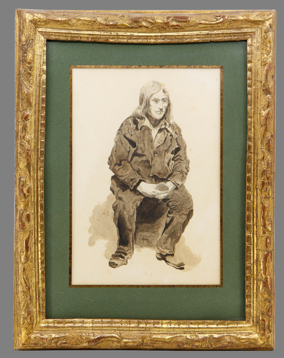 Seated Figure, Wash Signed P. Goerg - Beautiful Bérain Frame