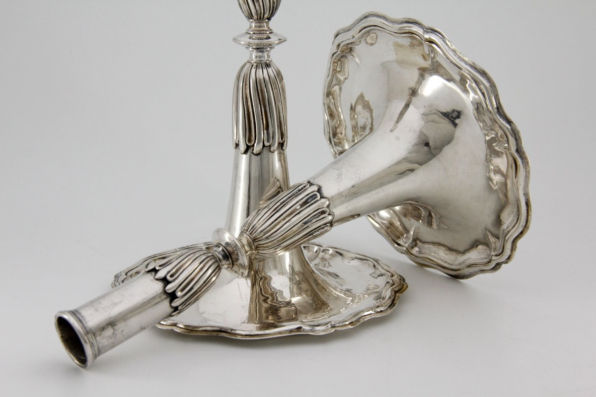 Paire de flambeaux trompette en argent massif - Johann Jakob Dulliker, Berne vers 1760-1780-photo-1