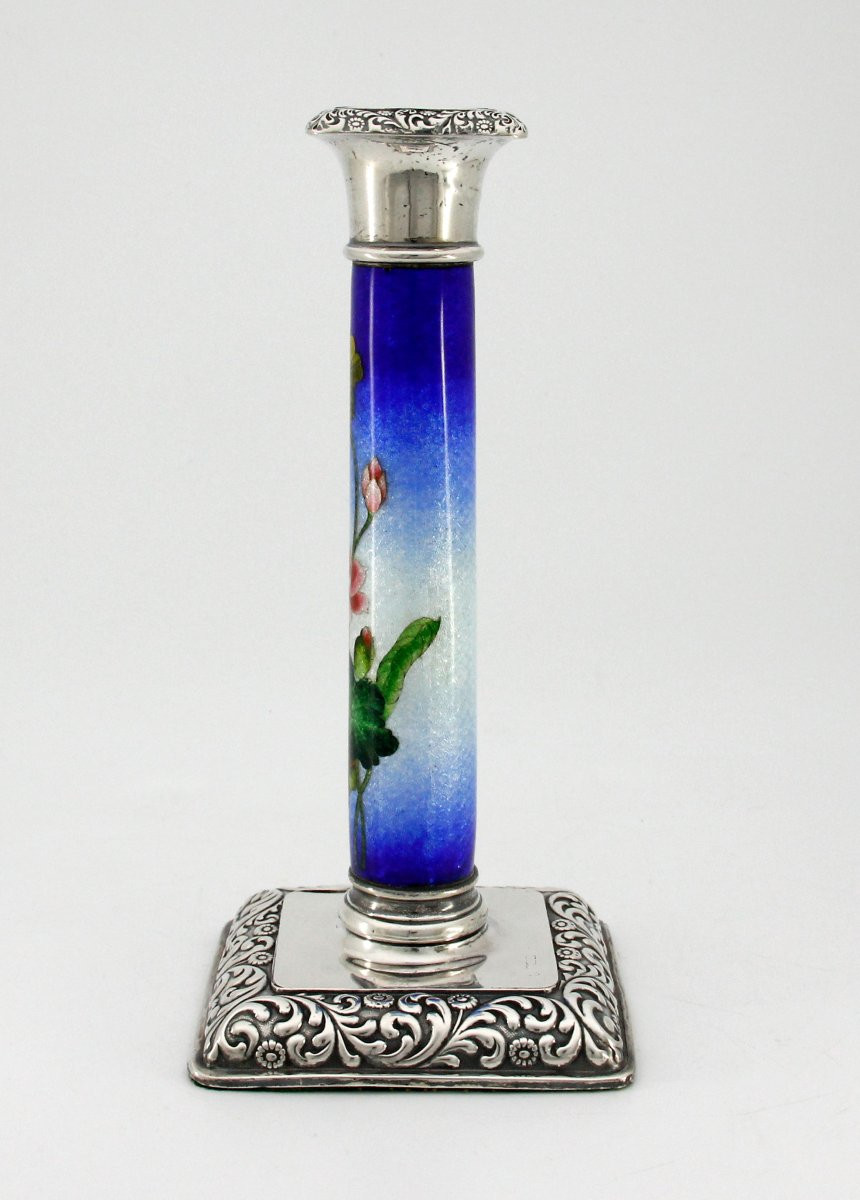 Silver Mounted Tsuiki-jippo [enamel On Beaten Silver] Candlestick, Meiji Period (late 19th)-photo-2