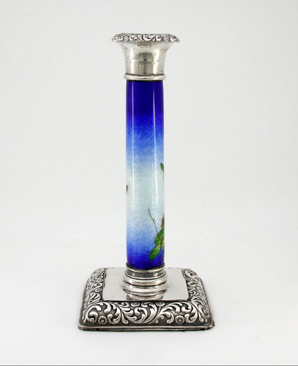 Silver Mounted Tsuiki-jippo [enamel On Beaten Silver] Candlestick, Meiji Period (late 19th)-photo-3