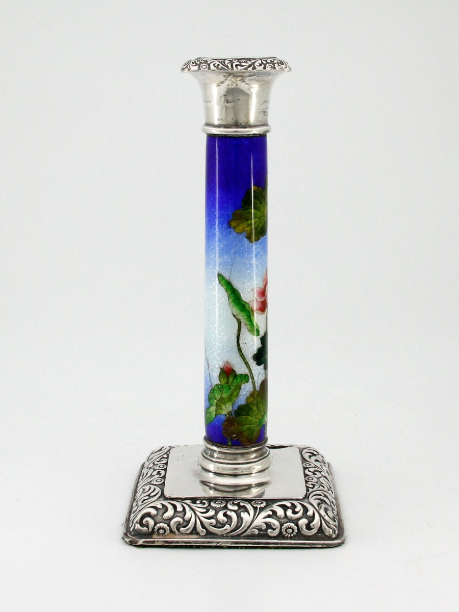 Silver Mounted Tsuiki-jippo [enamel On Beaten Silver] Candlestick, Meiji Period (late 19th)-photo-4