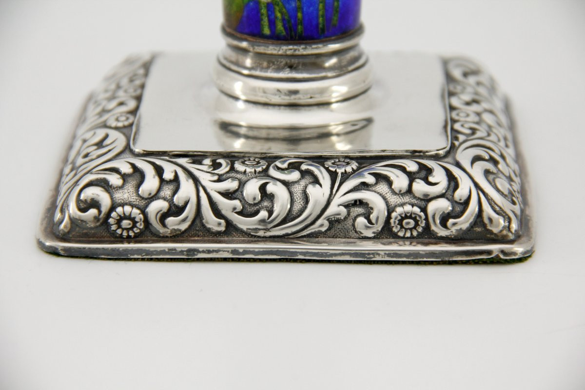 Silver Mounted Tsuiki-jippo [enamel On Beaten Silver] Candlestick, Meiji Period (late 19th)-photo-2