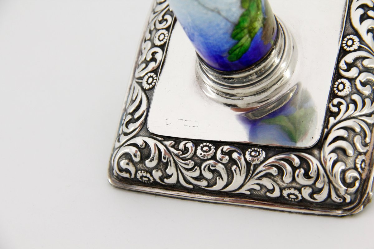 Silver Mounted Tsuiki-jippo [enamel On Beaten Silver] Candlestick, Meiji Period (late 19th)-photo-3