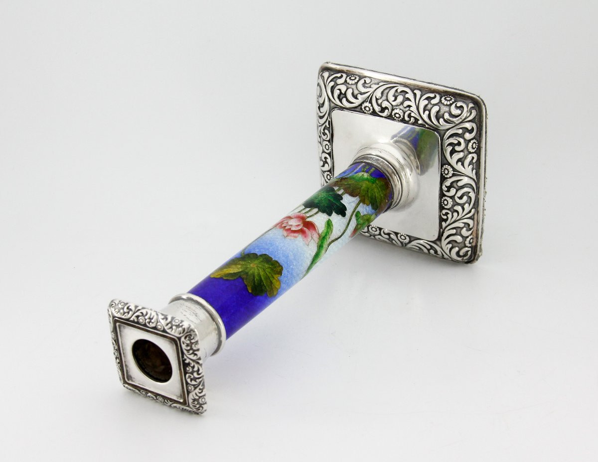 Silver Mounted Tsuiki-jippo [enamel On Beaten Silver] Candlestick, Meiji Period (late 19th)-photo-4