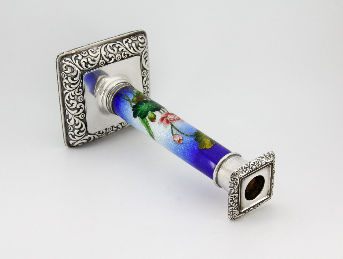 Silver Mounted Tsuiki-jippo [enamel On Beaten Silver] Candlestick, Meiji Period (late 19th)-photo-5