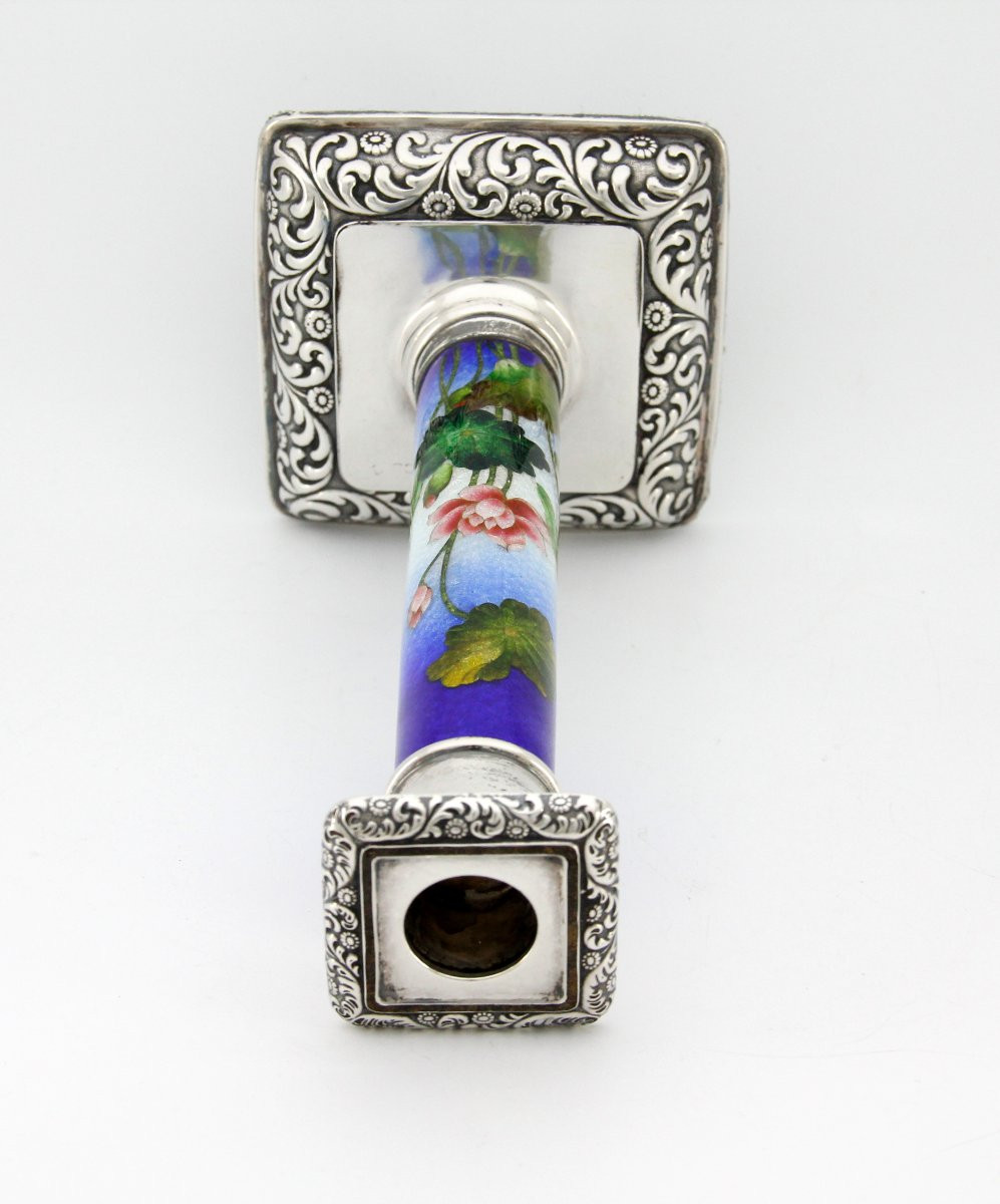 Silver Mounted Tsuiki-jippo [enamel On Beaten Silver] Candlestick, Meiji Period (late 19th)-photo-6