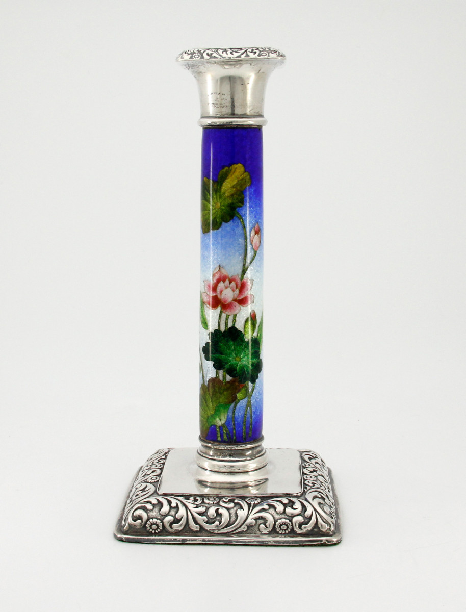 Silver Mounted Tsuiki-jippo [enamel On Beaten Silver] Candlestick, Meiji Period (late 19th)