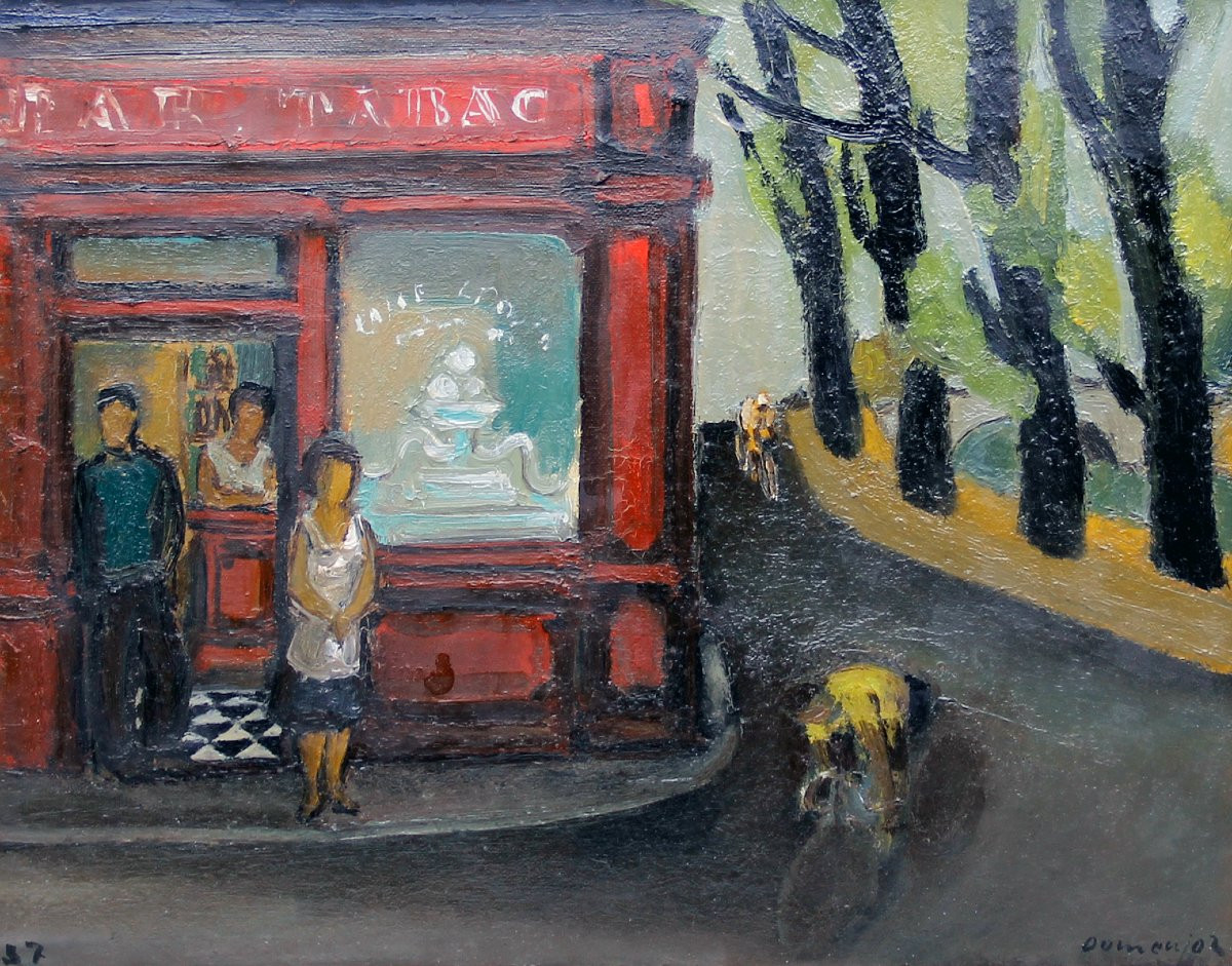 Raoul DOMENJOZ (1896-1978) — La course cycliste devant le bar tabac — huile sur toile, 1957-photo-2