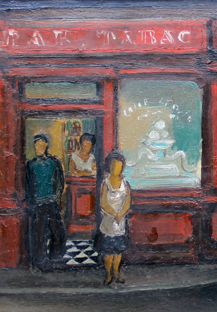 Raoul DOMENJOZ (1896-1978) — La course cycliste devant le bar tabac — huile sur toile, 1957-photo-3