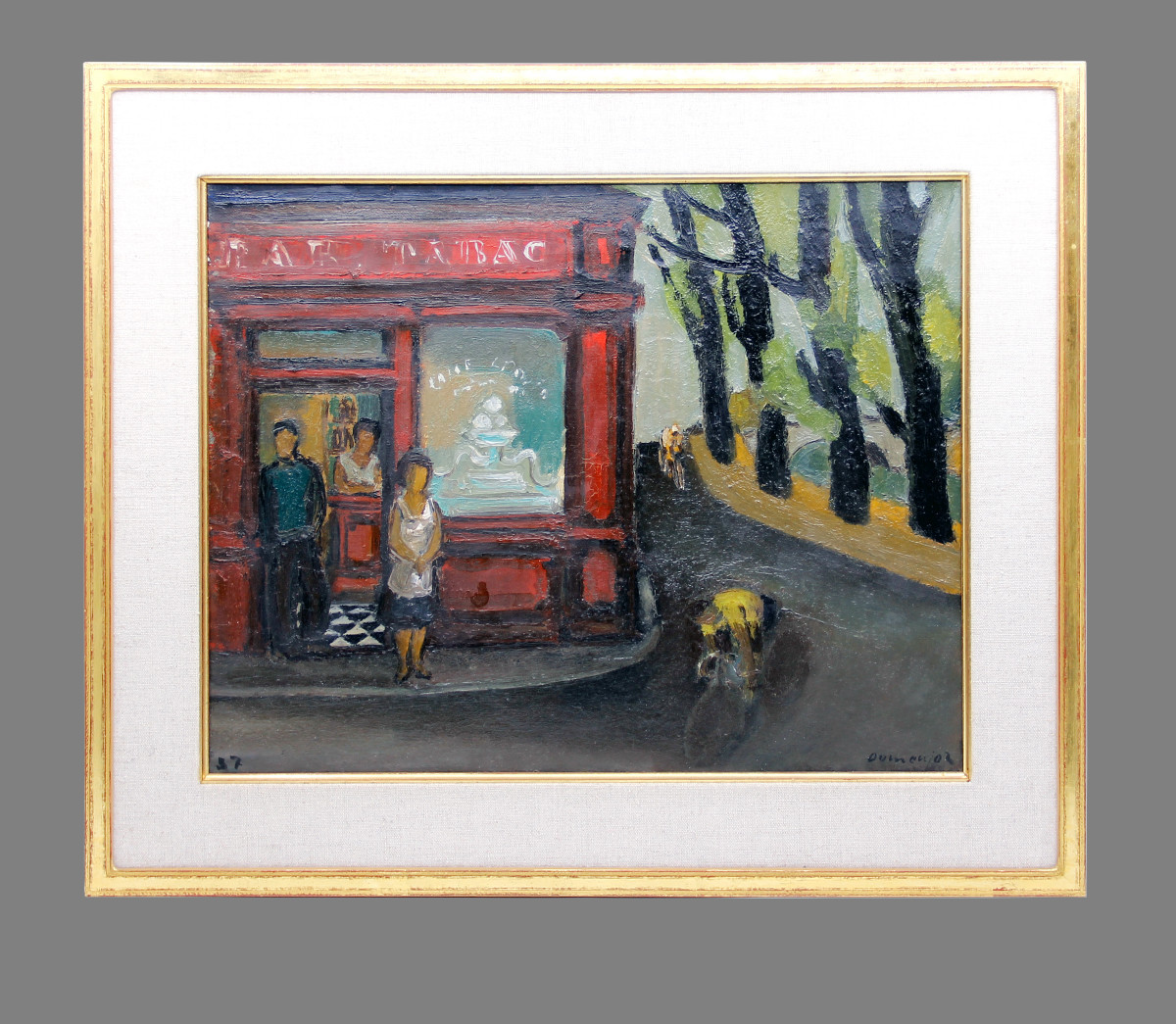 Raoul DOMENJOZ (1896-1978) — La course cycliste devant le bar tabac — huile sur toile, 1957