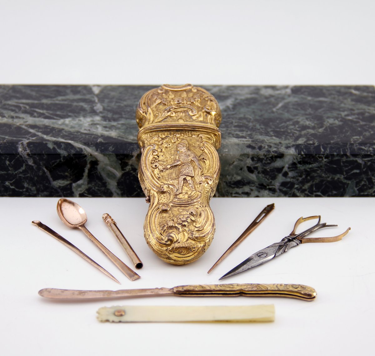 Gilded Copper Chatelaine Set—england, Ca. 1740—complete With All Its Utensils