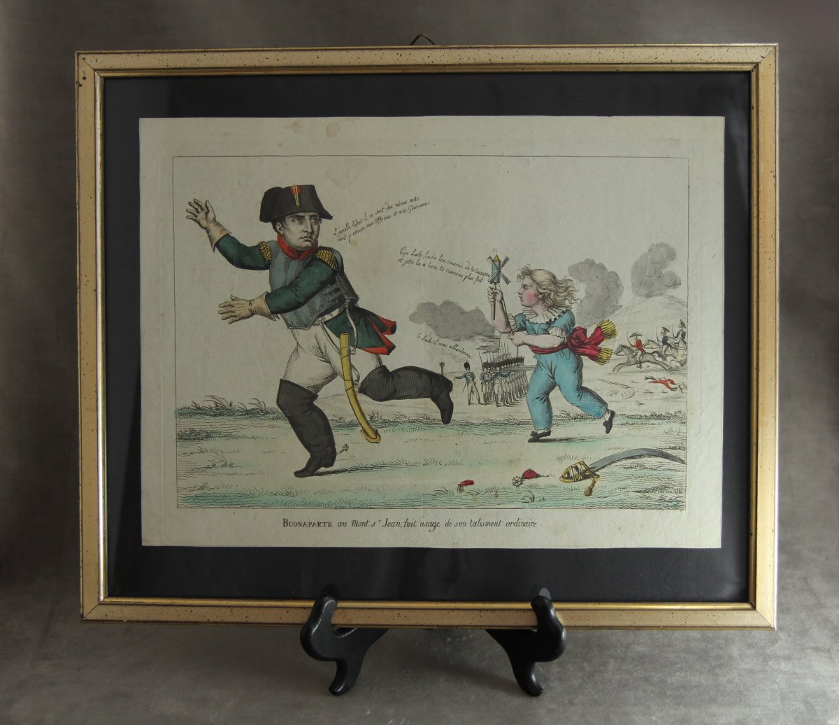 Napoléon à Waterloo. Rare gravure satirique aquarellée, août 1815-photo-2