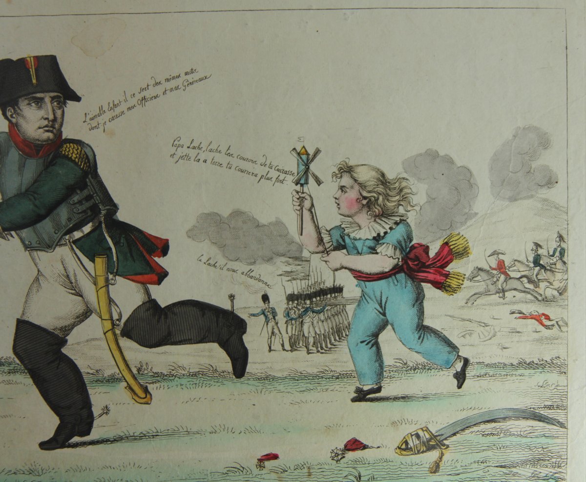 Napoléon à Waterloo. Rare gravure satirique aquarellée, août 1815-photo-3