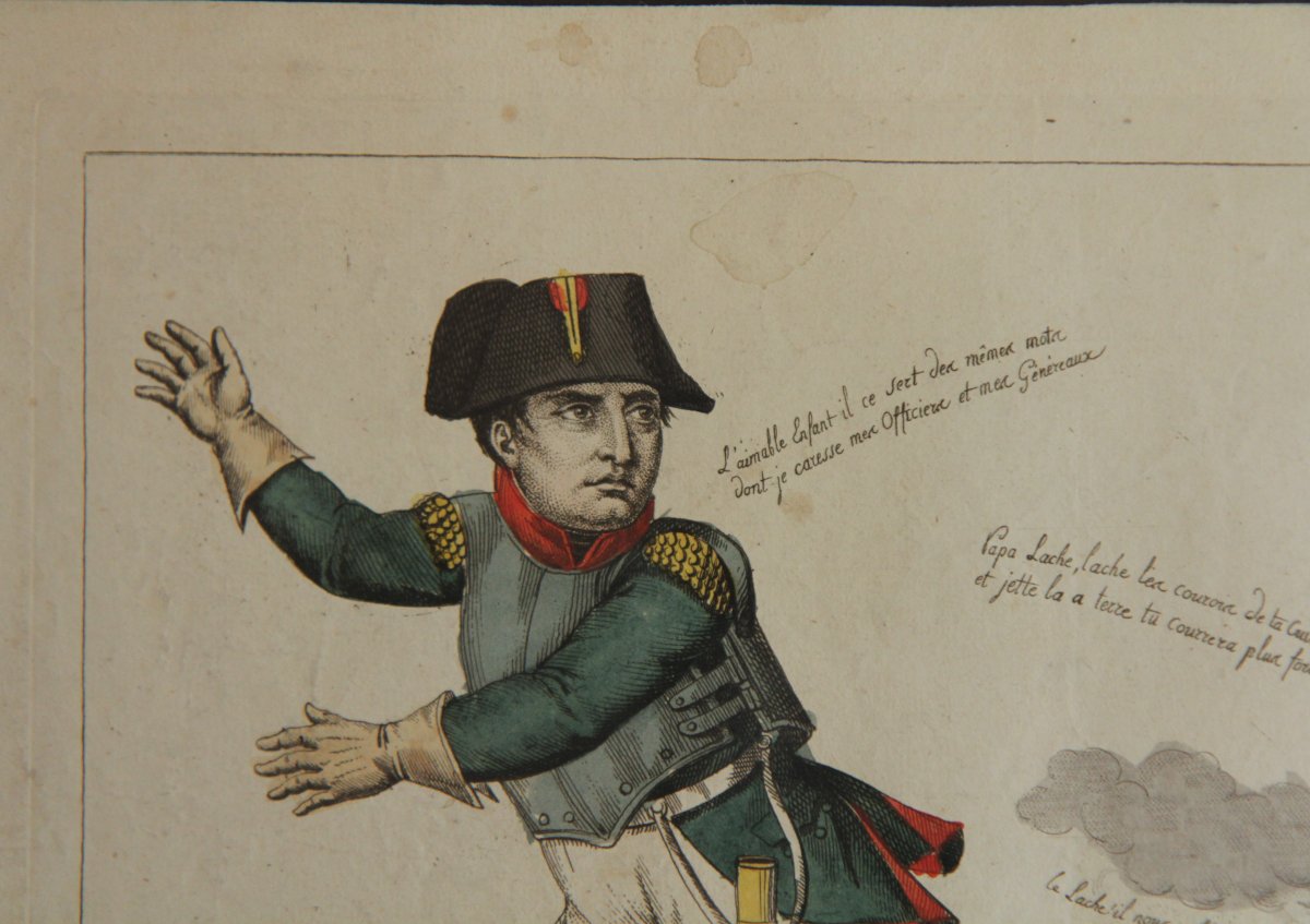 Napoléon à Waterloo. Rare gravure satirique aquarellée, août 1815-photo-1