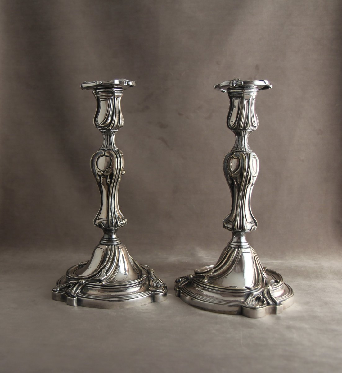 Pair Of Candlesticks In Silvered Bronze, Trianon Model, Christofle, Late 19th Century-photo-3