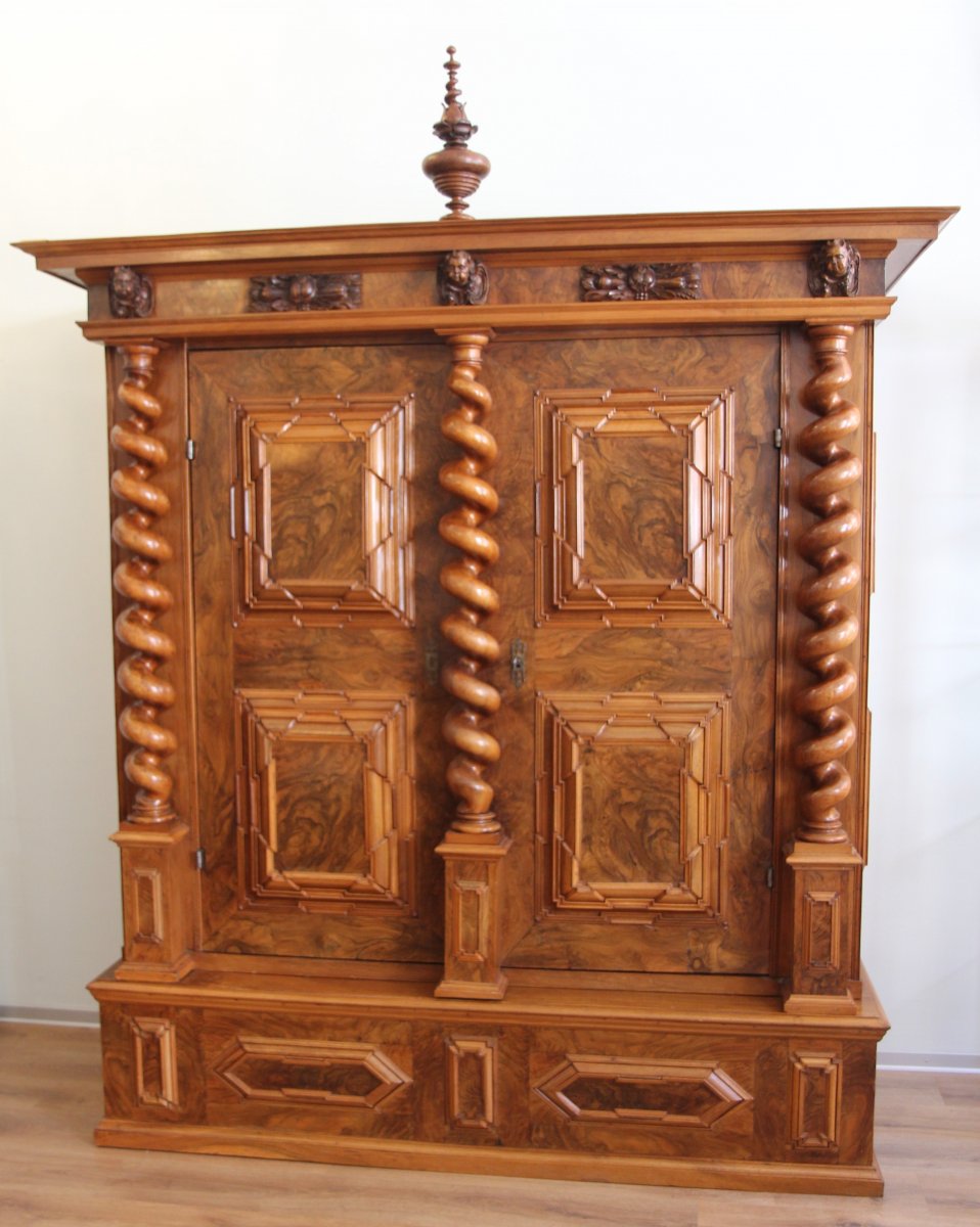 Important Cabinet With Three Twisted Columns, Basel, Switzerland, Late 17th Century