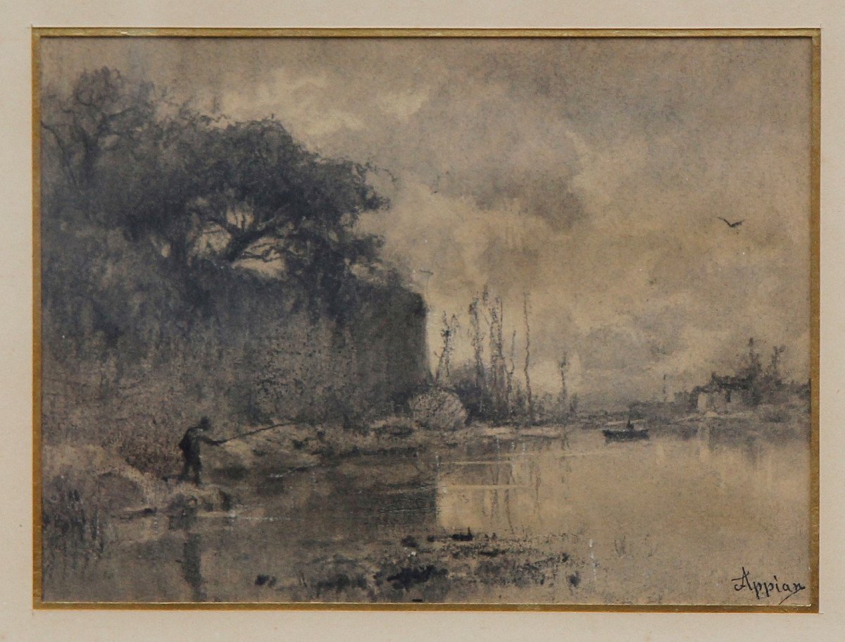 Adolphe APPIAN (1818-1898) - Pêcheur au bord d'une rivière, fusain-photo-2