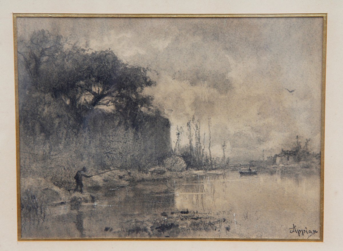 Adolphe APPIAN (1818-1898) - Pêcheur au bord d'une rivière, fusain-photo-1