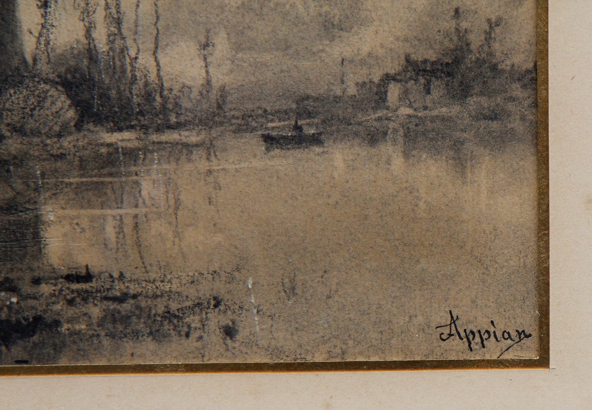 Adolphe APPIAN (1818-1898) - Pêcheur au bord d'une rivière, fusain-photo-2