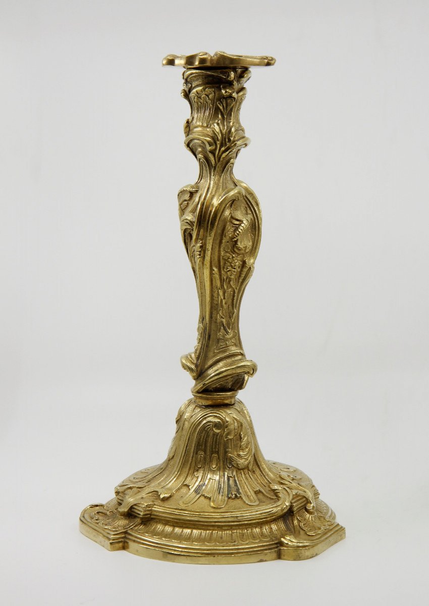 Pair Of Louis XV Style Gilt Bronze Candlesticks In The Style Of Slodtz, Mid-19th Century-photo-3