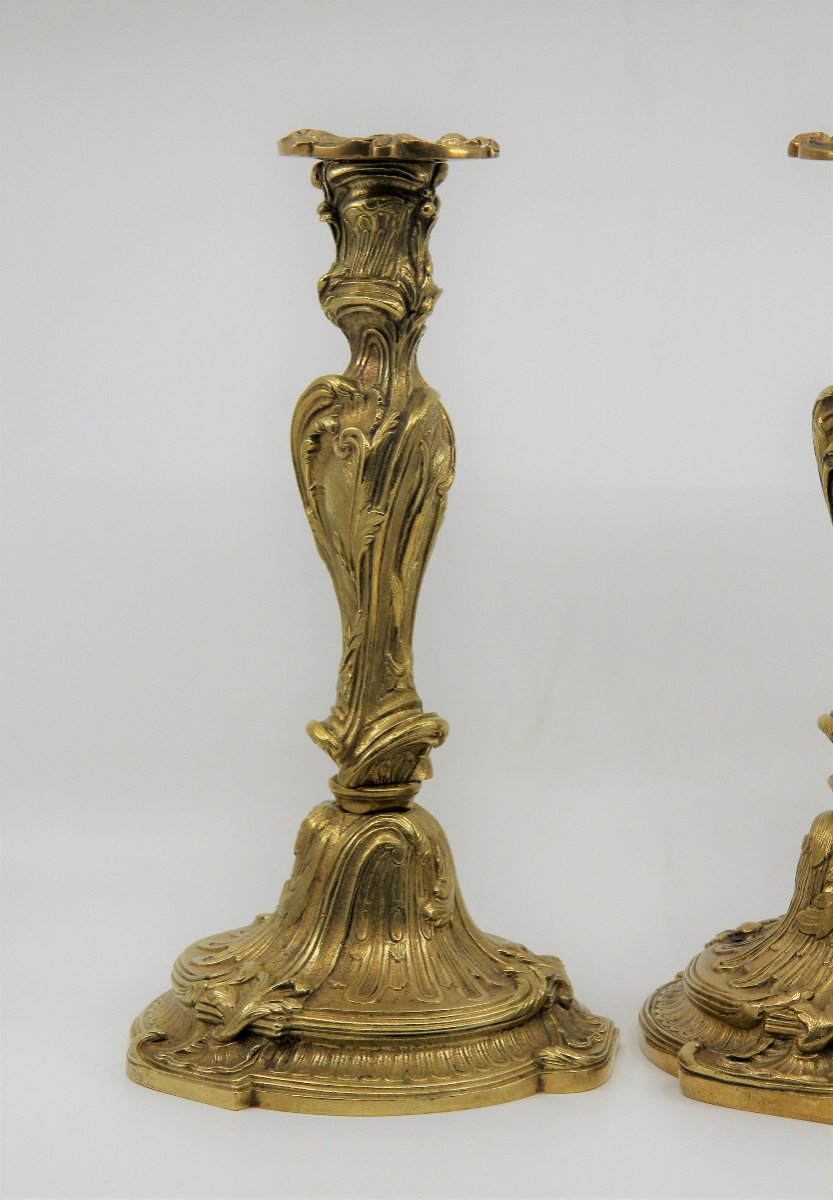 Pair Of Louis XV Style Gilt Bronze Candlesticks In The Style Of Slodtz, Mid-19th Century-photo-4