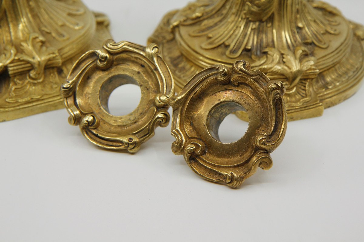 Pair Of Louis XV Style Gilt Bronze Candlesticks In The Style Of Slodtz, Mid-19th Century-photo-6