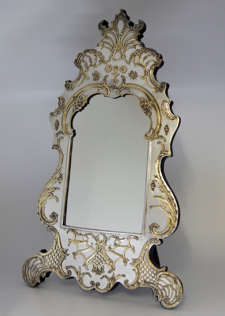 Large Victorian Vanity Mirror, Sterling Silver And Silver-gilt, London 1878-photo-2