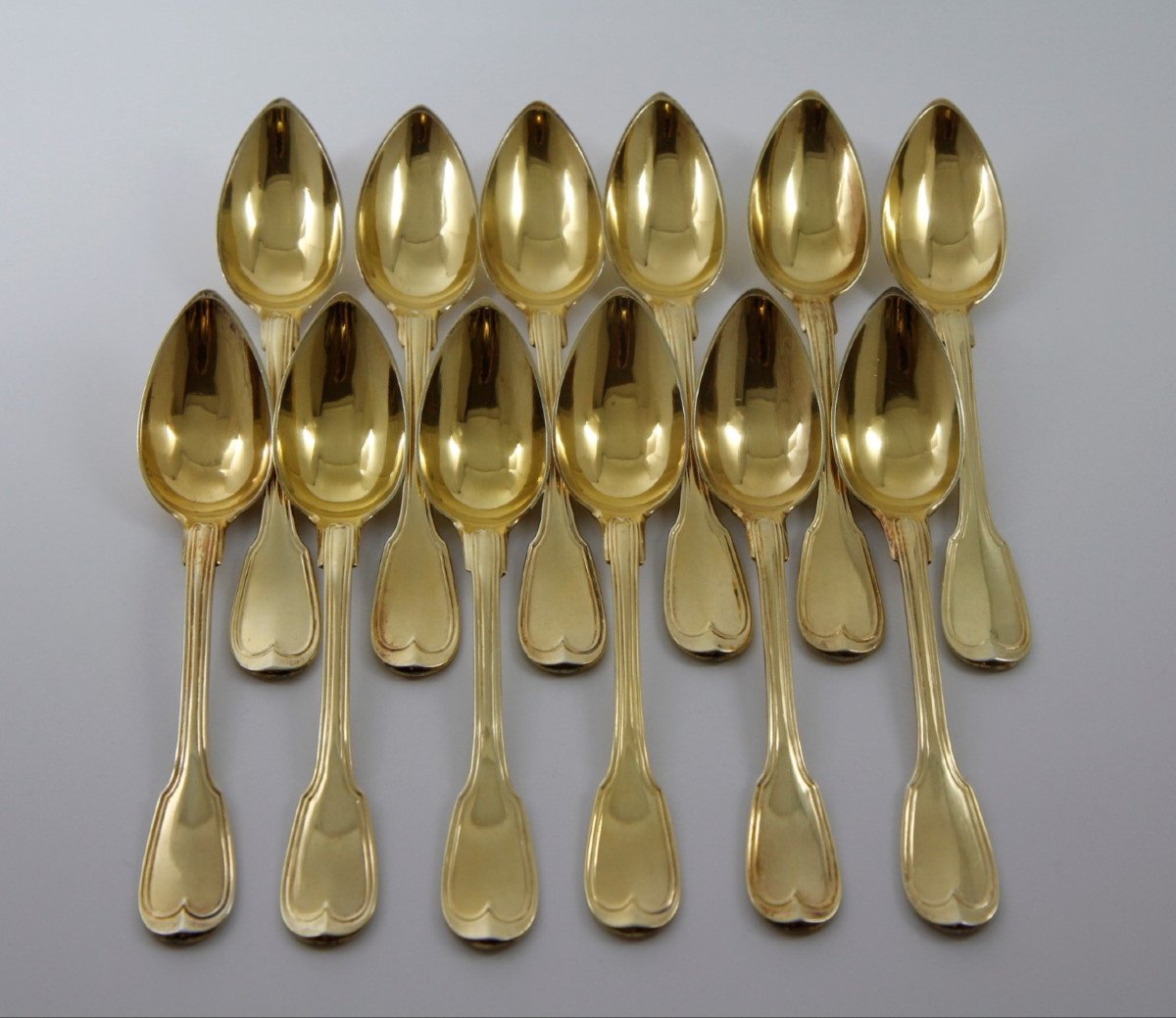 Rare Suite Of 12 Teaspoons In Vermeil By Georg Adam Rehfues, Bern Circa 1830