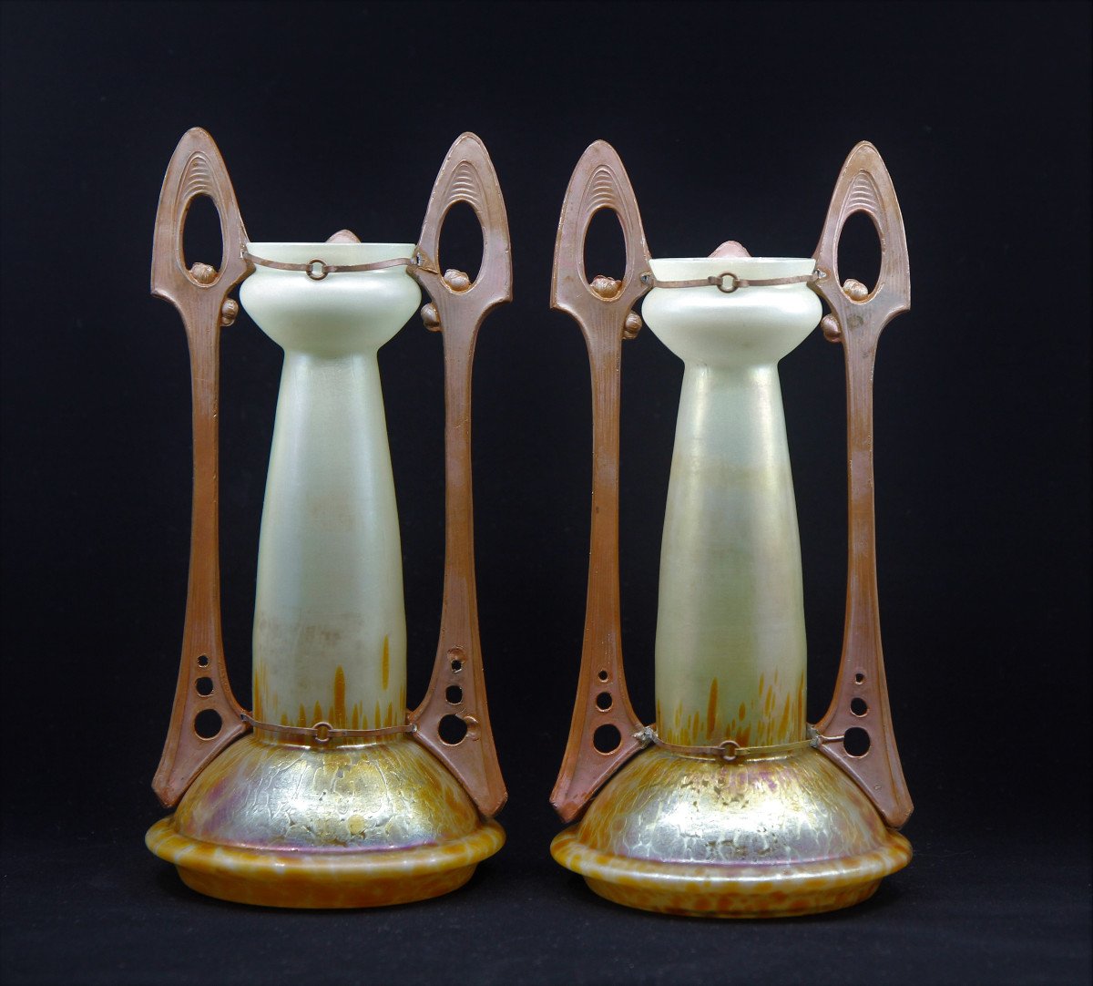 Ferdinand Von Poschinger (1867-1921). Pair Of Art Nouveau Mounted Vases, Germany Circa 1900-photo-4