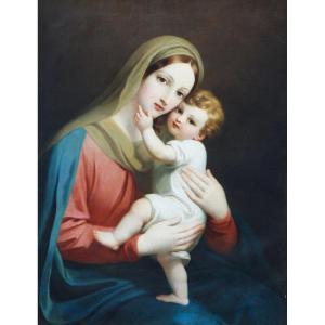 Vierge à l'Enfant, grande huile sur toile. Milieu du XIXe dans le style de la Renaissance