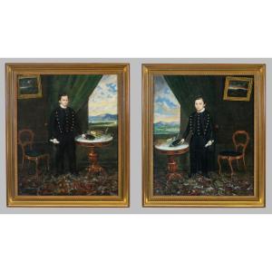 Pair Of Pendant Portraits - Two Young French College Students In Uniform, Circa 1860