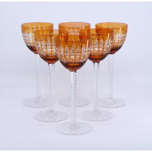 Suite de six verres à vin du Rhin Roemer, cristal overlay orange, Baccarat mle Cavour, ca 1930