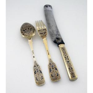 Niello Silver-gilt Travel Cutlery, Moscow 1854 - Assayer Viktor Savinkov
