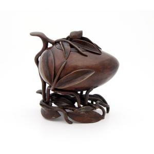 Longevity Peach Incense Burner - Patinated Bronze, Qing Dynasty China, Circa 1850