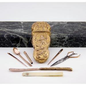 Gilded Copper Chatelaine Set—england, Ca. 1740—complete With All Its Utensils