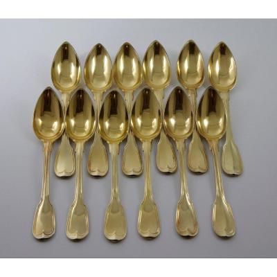 Rare Suite Of 12 Teaspoons In Vermeil By Georg Adam Rehfues, Bern Circa 1830