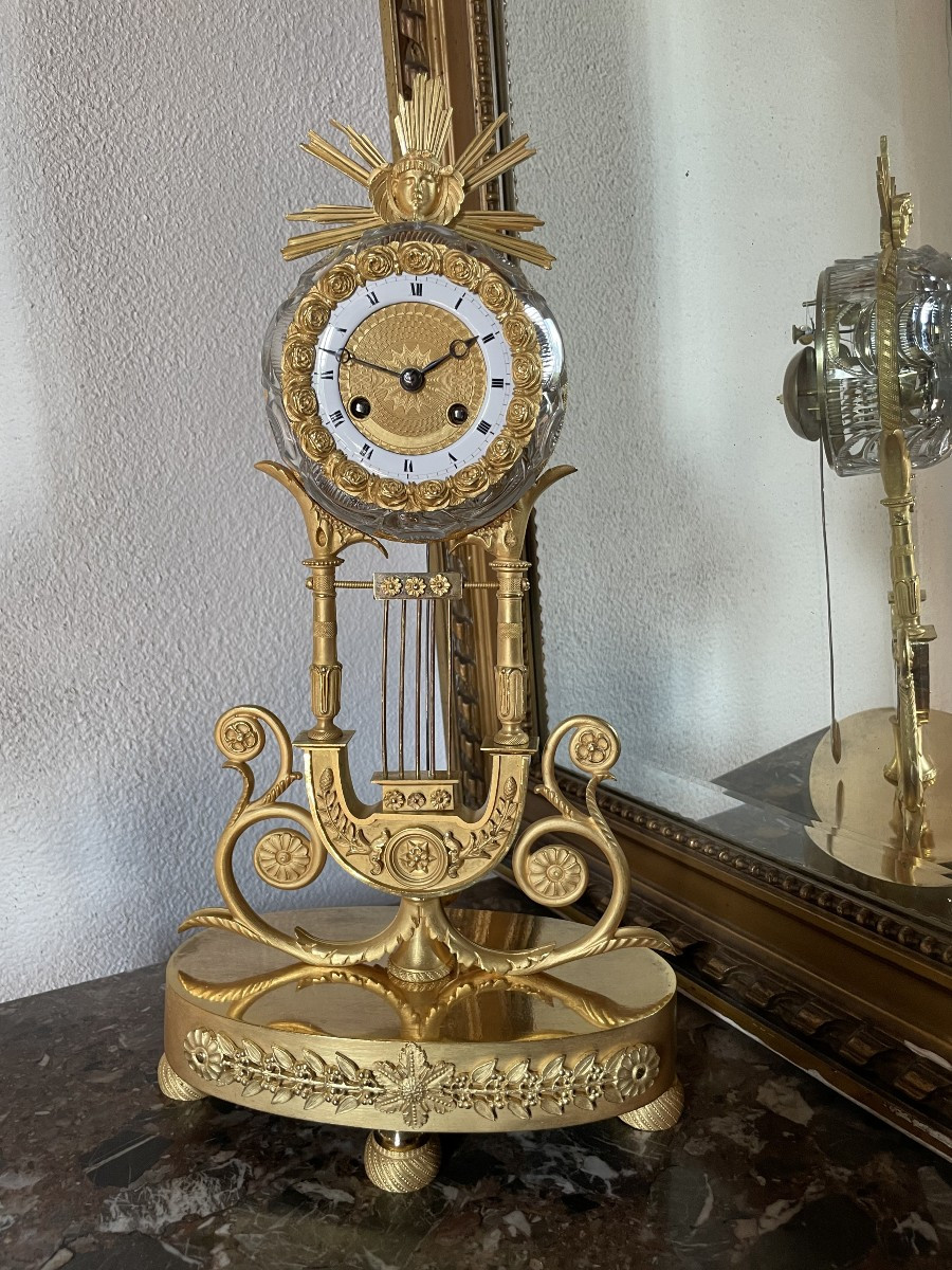 Pendule Lyre Bronze Mercure Et Cristal , Ht 41-photo-2