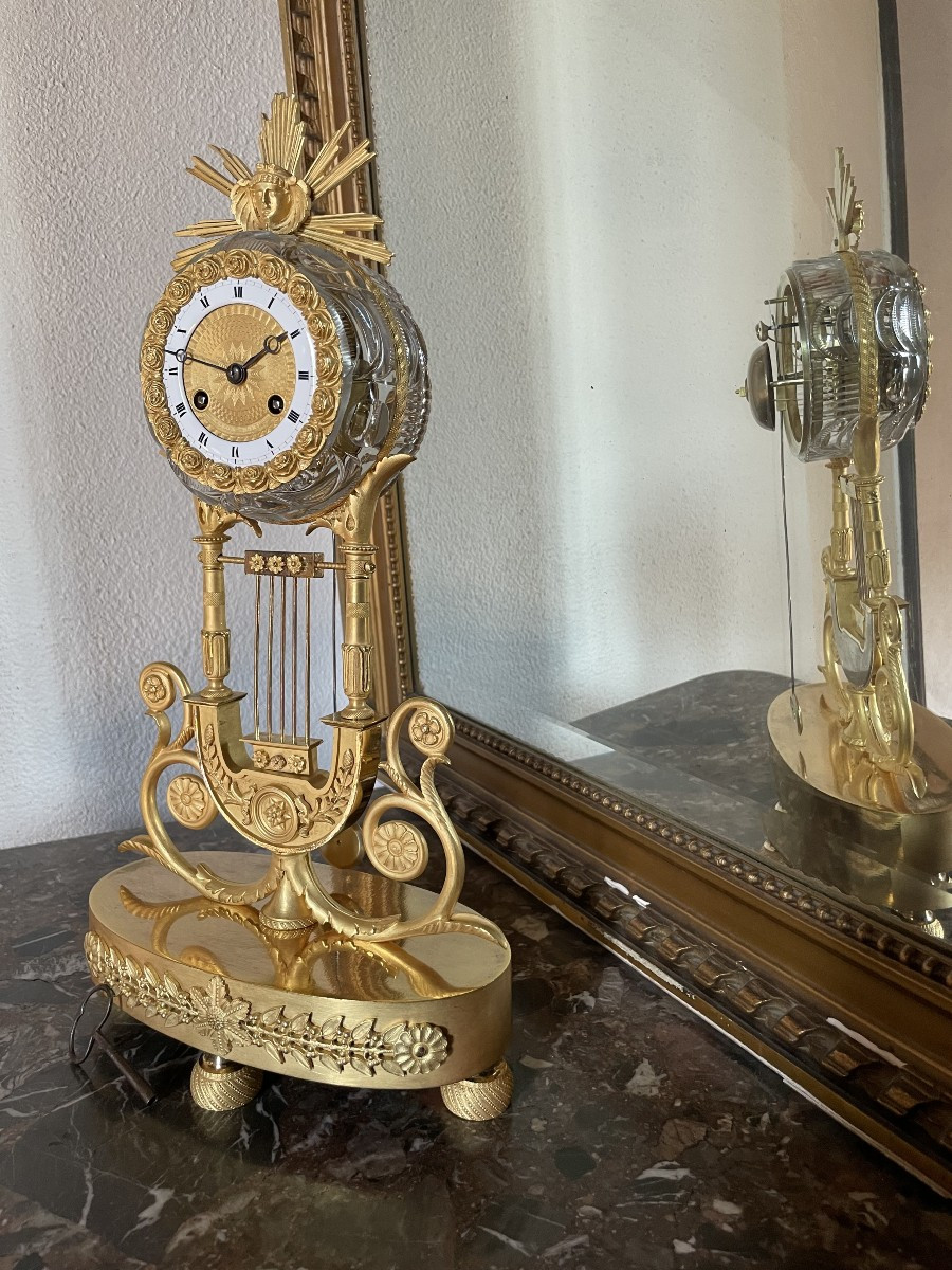 Pendule Lyre Bronze Mercure Et Cristal , Ht 41-photo-4