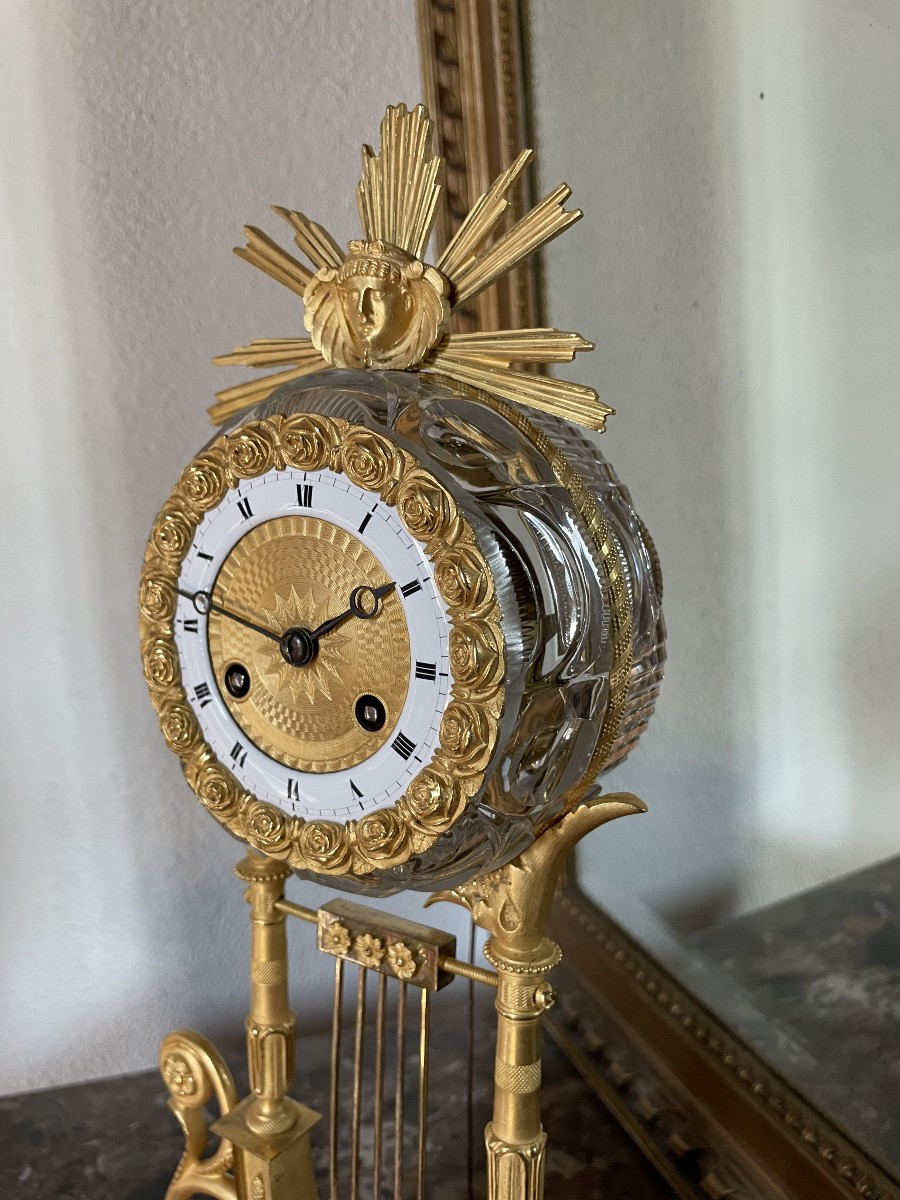 Pendule Lyre Bronze Mercure Et Cristal , Ht 41-photo-1